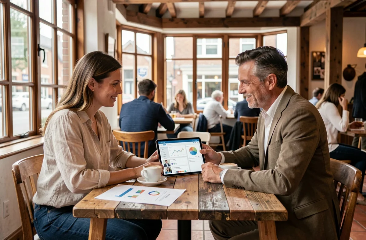 Deux entrepreneurs collaborant avec un mentor autour d'une plateforme d'accompagnement business dans un café