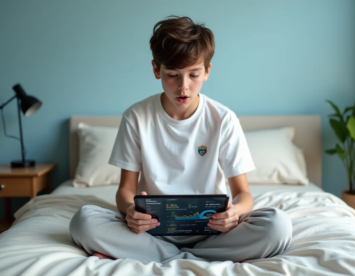 Jeune ado découvrant ses statistiques de temps de jeu Roblox sur une tablette dans sa chambre