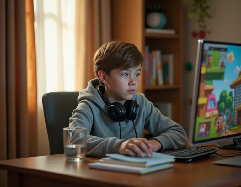 Adolescent vérifiant son temps de jeu sur Roblox depuis un ordinateur portable dans sa chambre