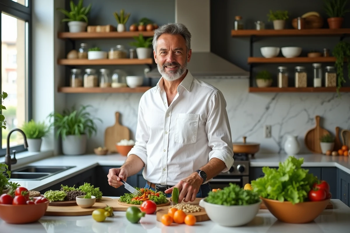 Homme préparant une salade fraîche et équilibrée dans une cuisine moderne, illustrant les habitudes alimentaires saines