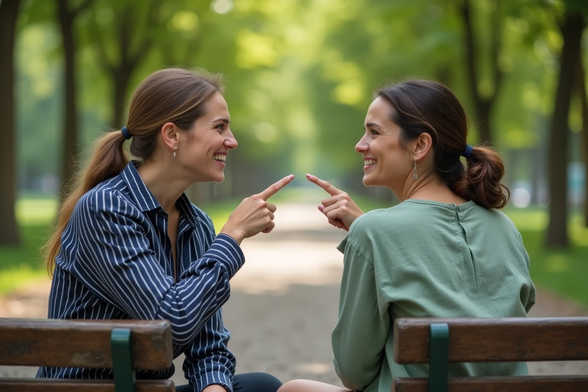 Deux amies discutant joyeusement dans un parc, partageant des anecdotes amusantes et des faits personnels surprenants
