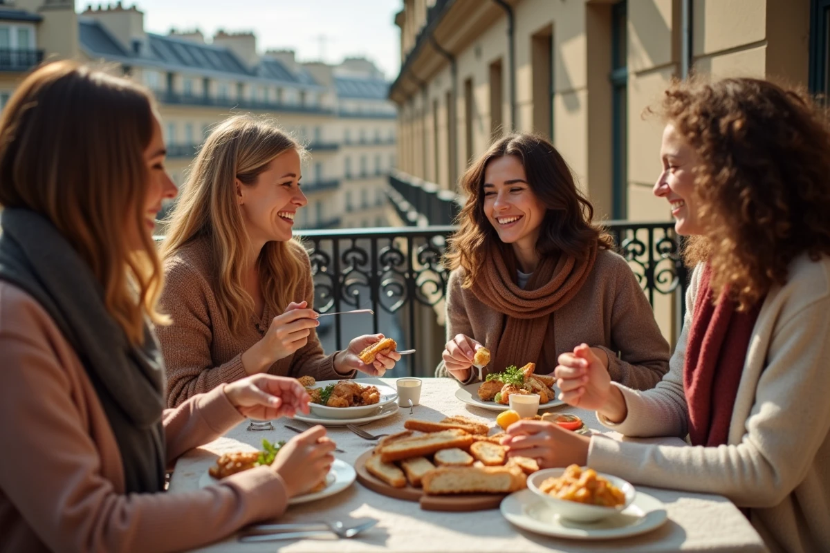 Groupe d amis partageant baguette et coq au vin