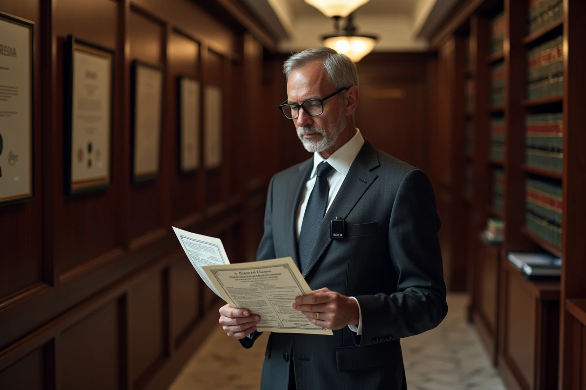 Avocat consultant des documents juridiques sur les droits d'enregistrement des conversations dans un couloir de cabinet d'avocats