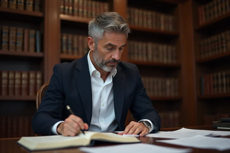Avocat en costume étudiant des documents juridiques liés au calcul de remise de peine avec bracelet électronique