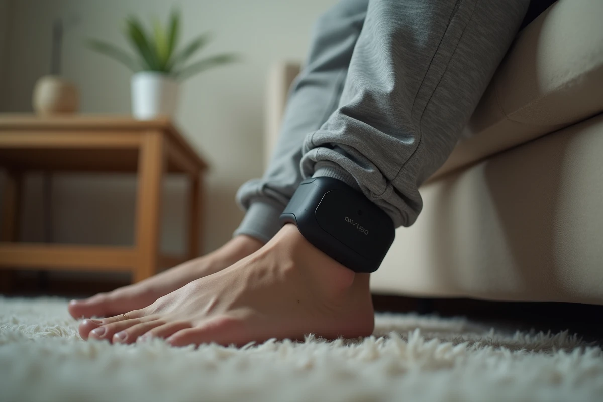 Bracelet électronique de surveillance porté à la cheville dans un cadre domestique, illustrant le dispositif de contrôle judiciaire