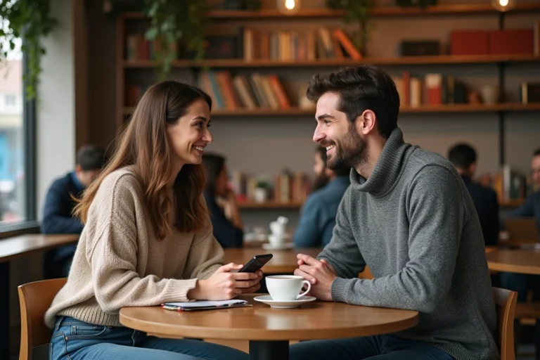 Homme détendu avec femme au café cosy