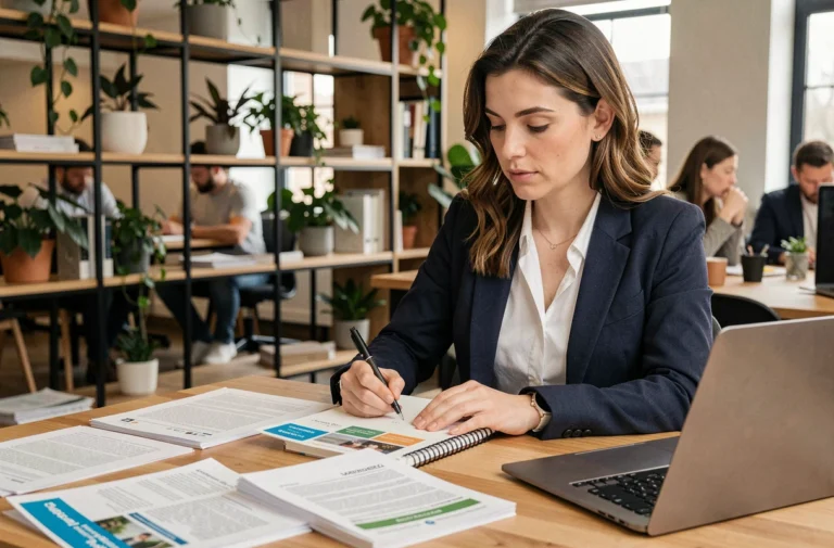 Femme consultant des brochures de formations professionnelles dans un espace de coworking moderne