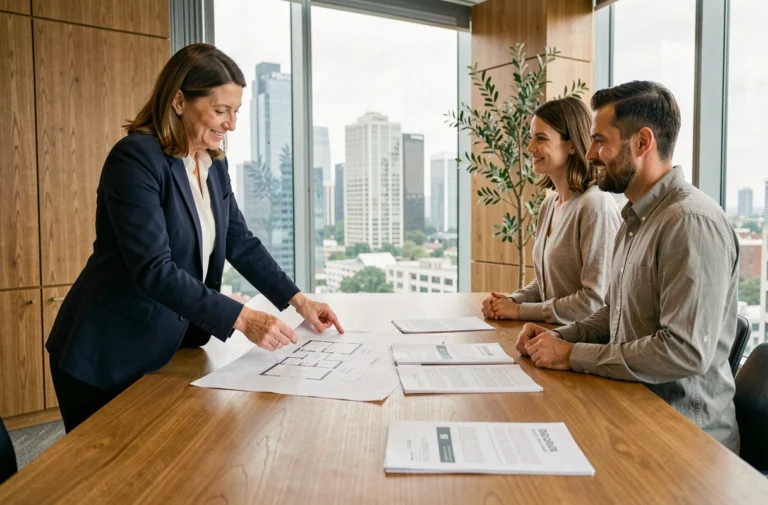Agent immobilière présentant des plans et documents à un couple lors d'une réunion de conseil en investissement immobilier dans un bureau moderne