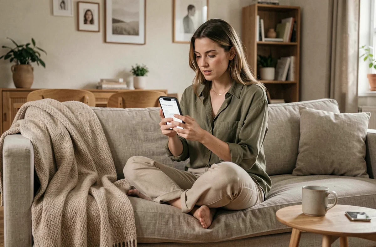 Femme consultant le formulaire de contact d'un blog beauté sur son smartphone depuis son salon