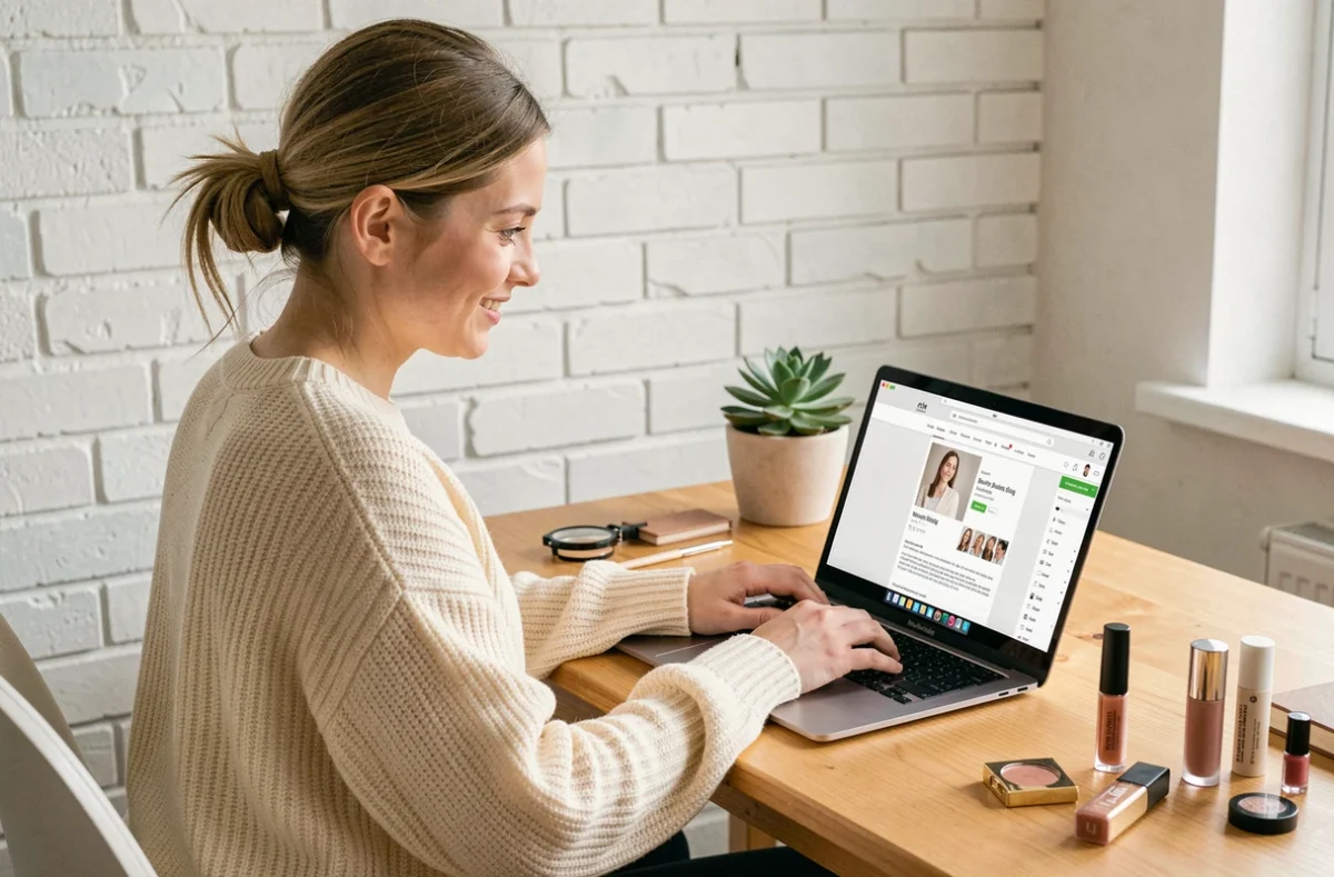 Jeune femme tapant un message sur un blog beauté depuis son bureau à domicile