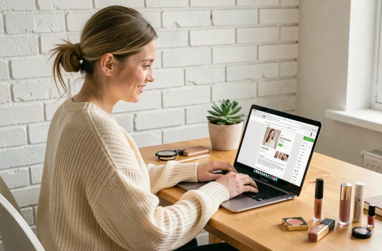 Jeune femme tapant un message sur un blog beauté depuis son bureau à domicile