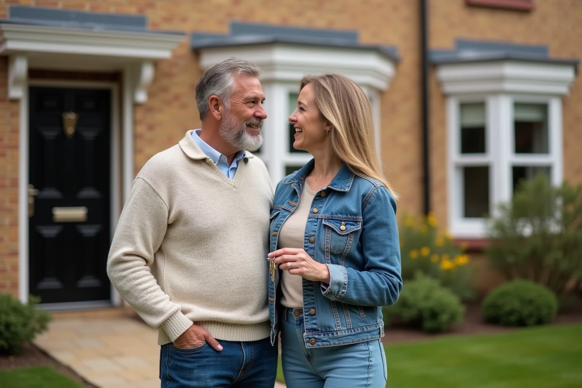 Couple souriant devant une maison rénovée avec clés en main