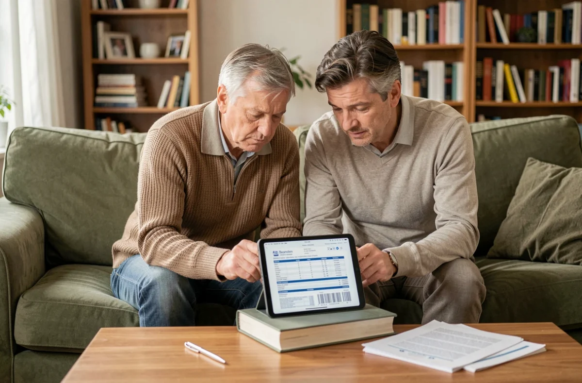 Couple consultant leur déclaration d'impôts commune sur une tablette numérique dans un salon