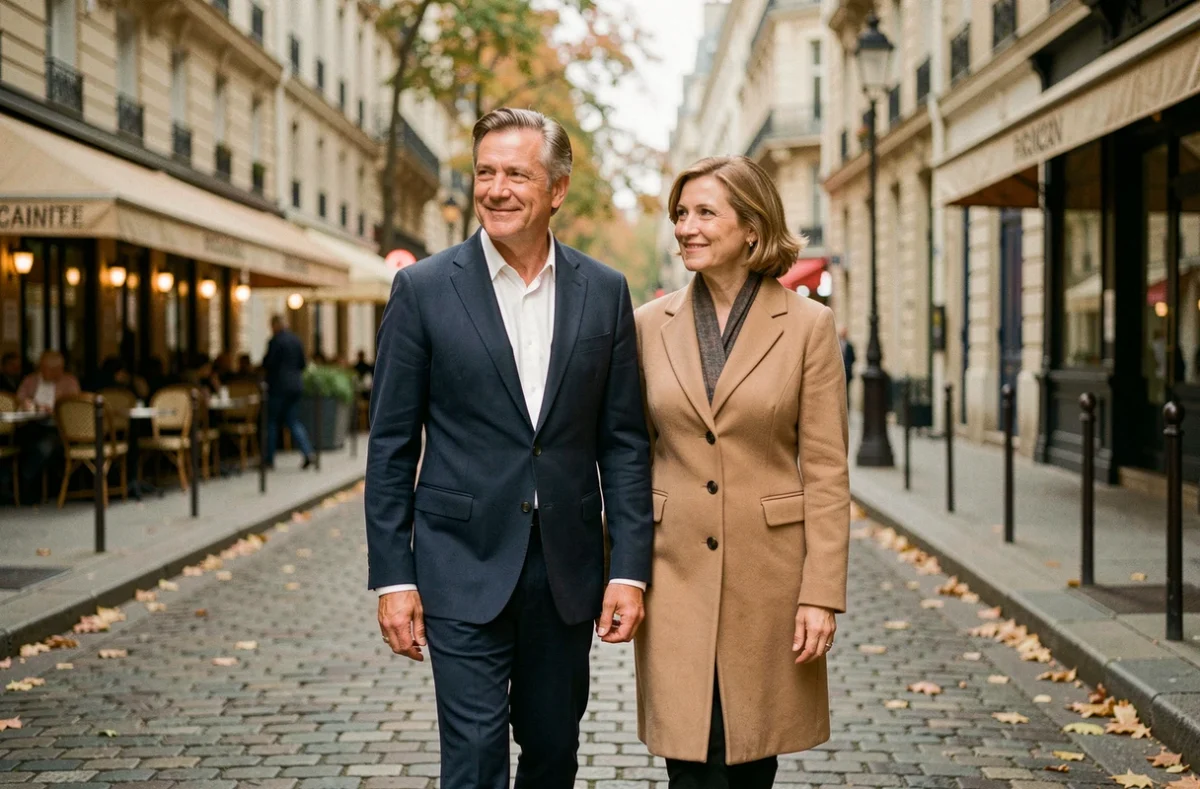 Couple discret et élégant se promenant dans une rue pavée parisienne à l'automne, illustrant la vie privée d'un couple célèbre