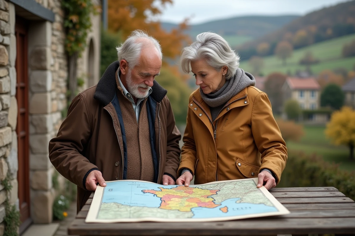 Couple regardant une carte de France dans un village rural