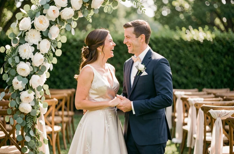 Couple de mariés souriant devant une arche florale de pivoines blanches dans un jardin élégant lors d'un mariage en plein air