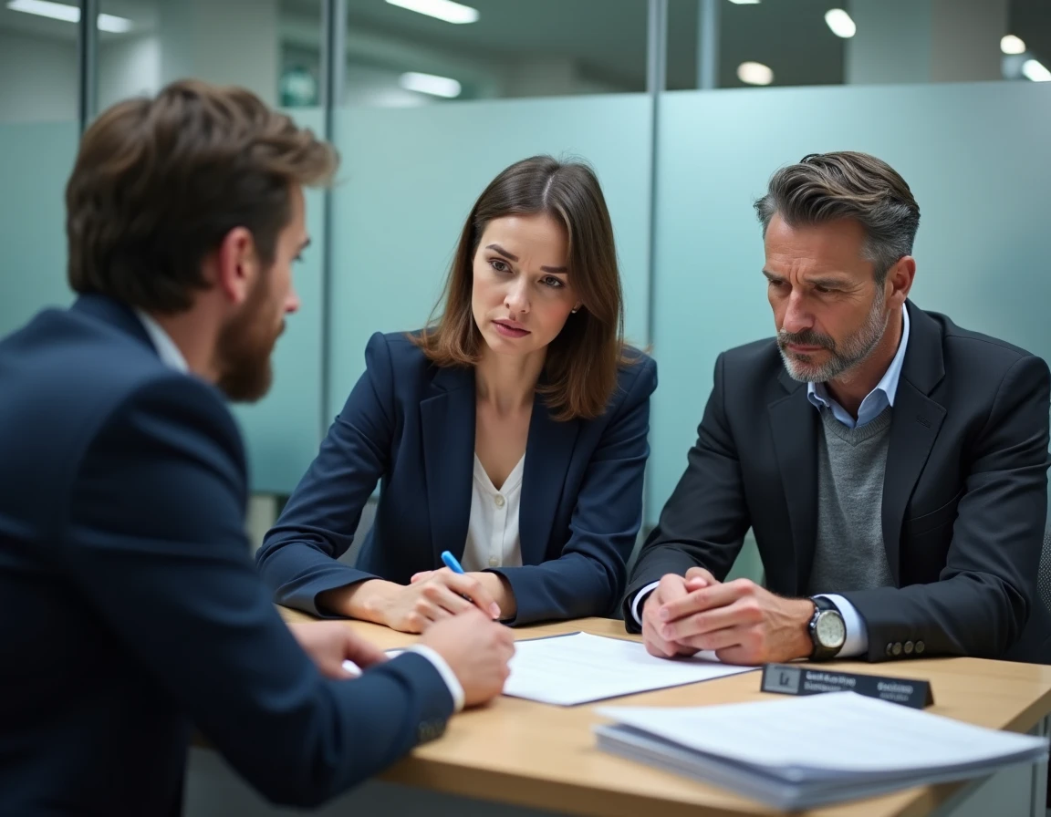 Couple en rendez-vous avec un conseiller bancaire pour négocier un taux immobilier avantageux