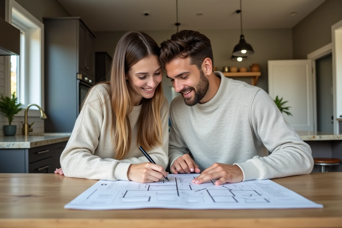 Jeune couple étudiant des plans de maison dans une cuisine chaleureuse