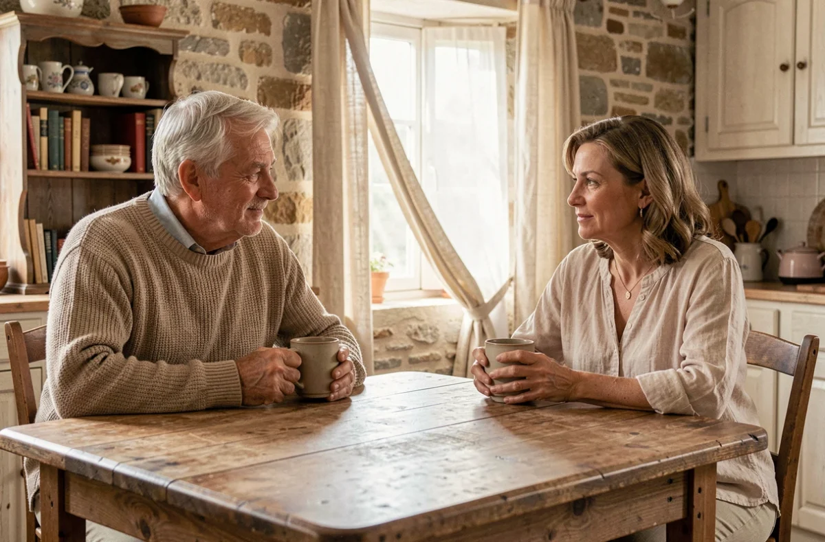 Couple mature partageant un moment de café dans une maison de campagne française, évoquant la complicité et la vie intime d'un couple discret