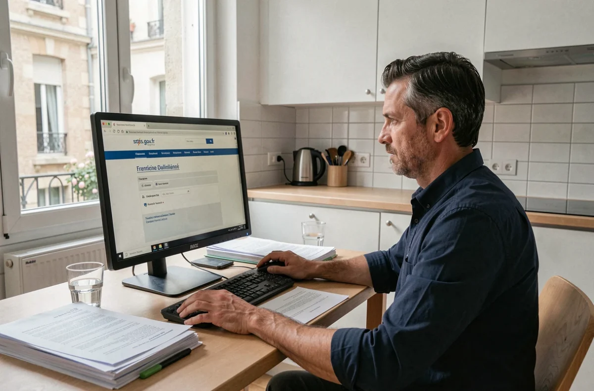 Homme utilisant un ordinateur de bureau pour remplir sa déclaration fiscale en ligne dans une cuisine moderne