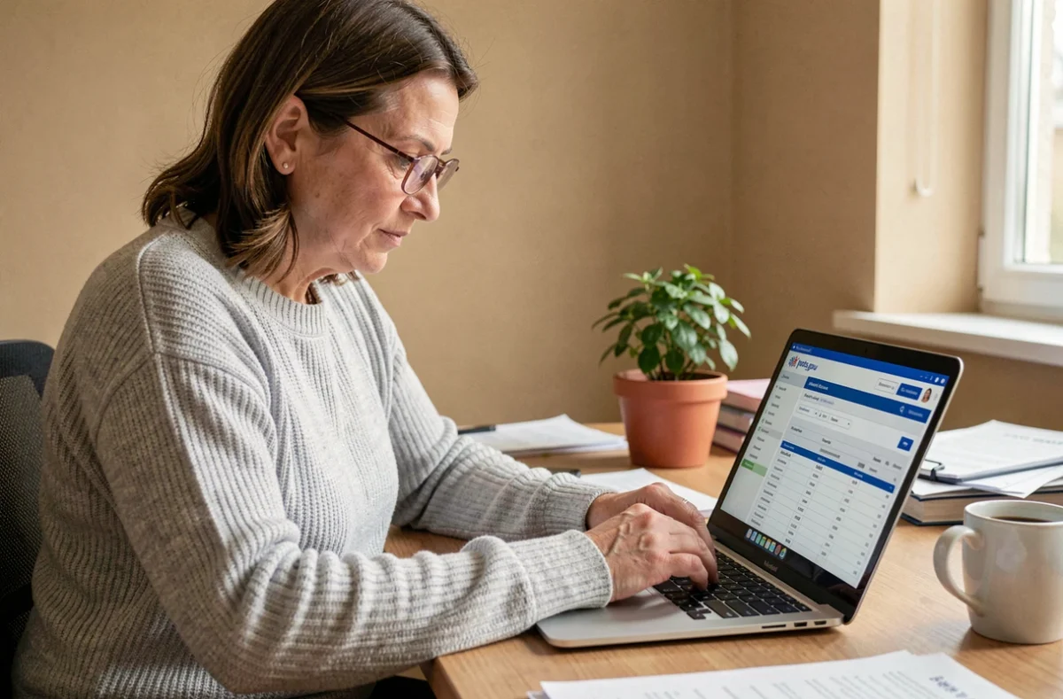 Femme de 40 ans faisant sa déclaration d'impôts en ligne sur ordinateur portable dans un bureau à domicile