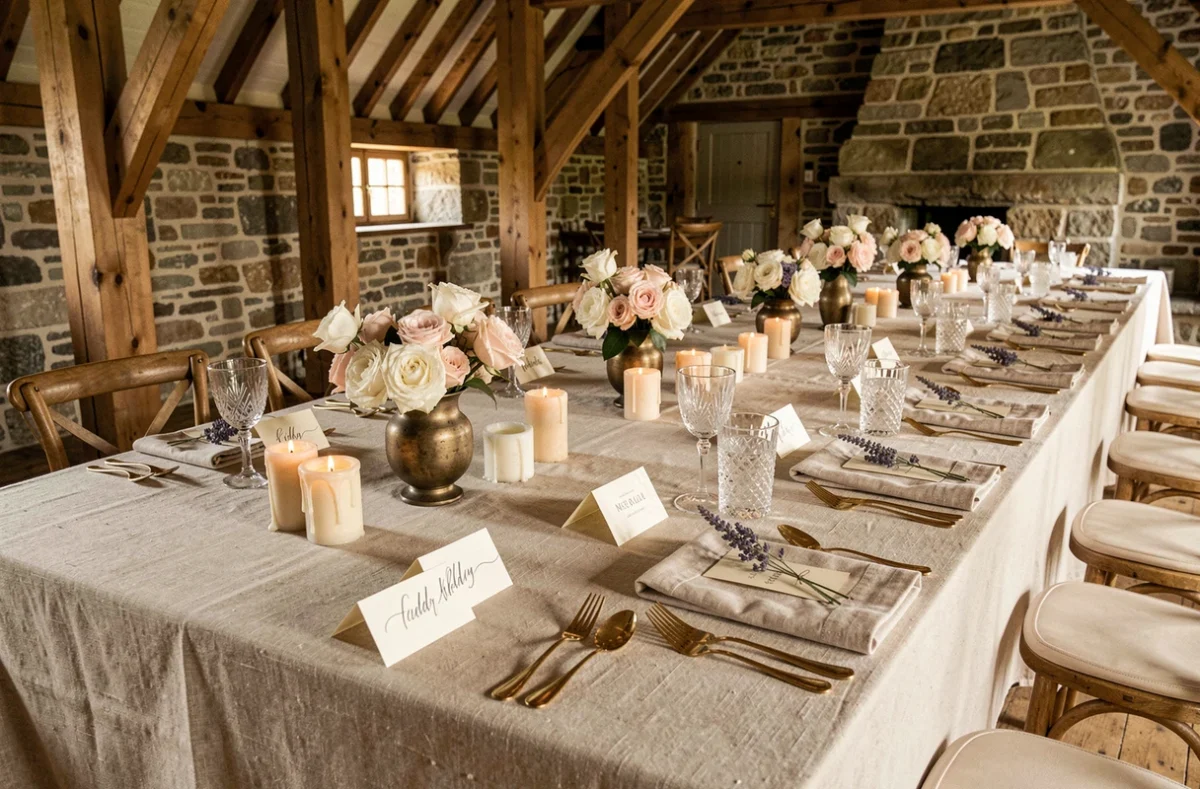 Décoration de table de mariage luxueuse avec roses blanches et roses, bougies et vaisselle dorée dans une grange rustique