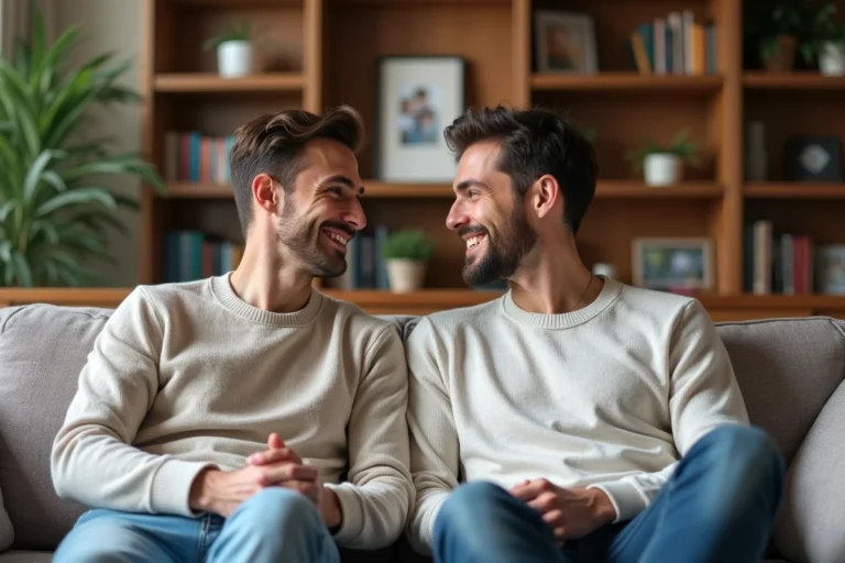 Deux hommes souriants assis sur un canapé cosy