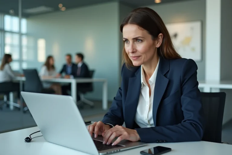 Femme professionnelle enregistrant discrètement une conversation avec un dictaphone dans un bureau en open space