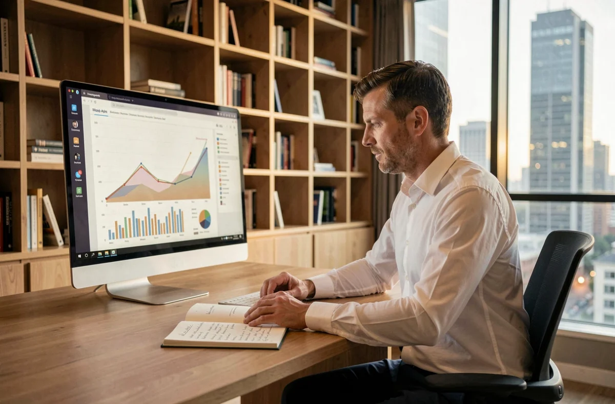 Entrepreneur concentré analysant des graphiques de croissance d'entreprise dans un bureau à domicile minimaliste