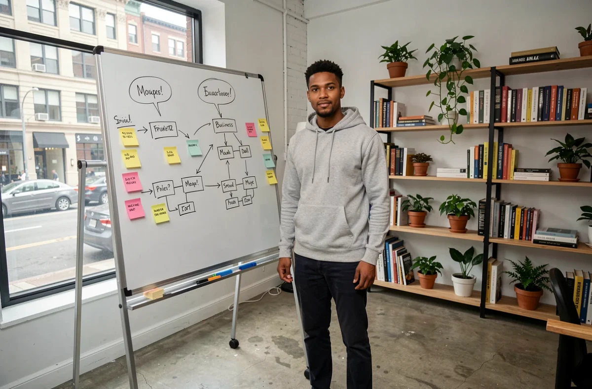 Jeune entrepreneur masculin présentant son modèle économique sur un tableau blanc dans un bureau de startup