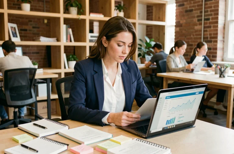 Entrepreneuse concentrée travaillant sur son premier business plan dans un espace de co-working moderne