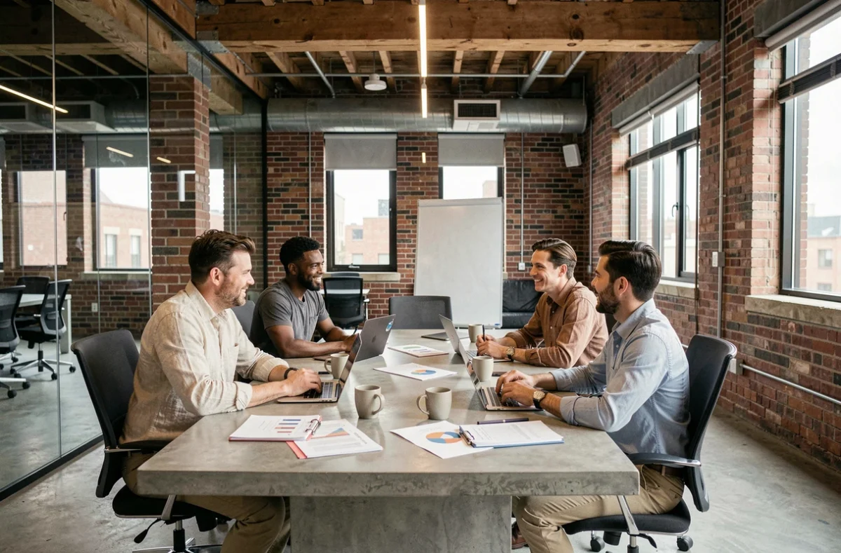 Équipe de professionnels en réunion stratégique autour d'une table de conférence dans une salle moderne