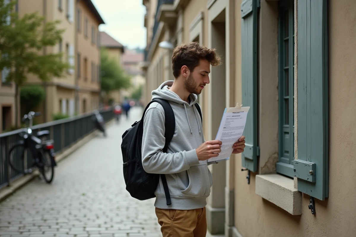 Étudiant consultant une annonce de location devant un immeuble résidentiel à La Roche-sur-Yon