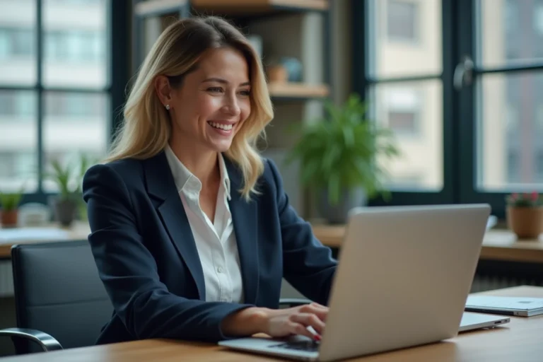 Femme d'affaires souriante utilisant un ordinateur dans un bureau moderne