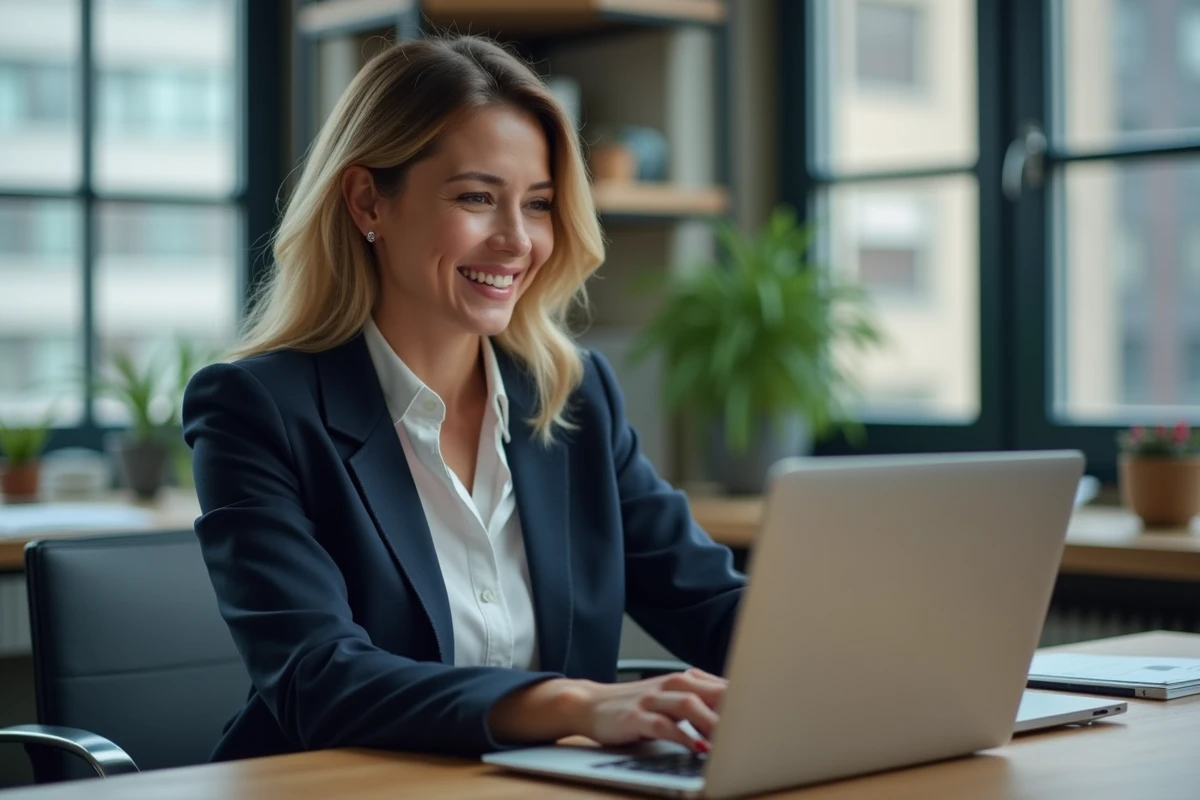 Femme d'affaires souriante utilisant un ordinateur dans un bureau moderne