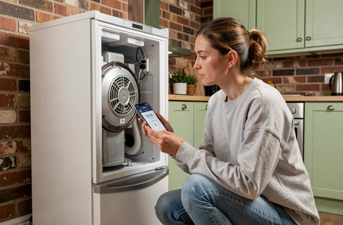 Femme vérifiant le temps d'attente sur son téléphone avant de rebrancher un réfrigérateur récemment remis en position verticale