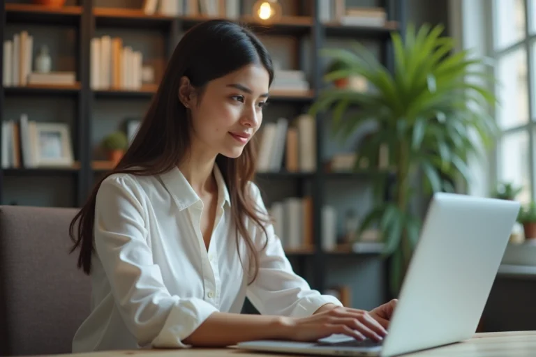 Jeune femme au bureau à domicile travaillant sur son ordinateur