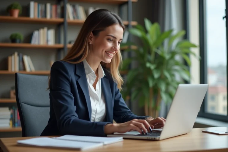 Jeune femme professionnelle travaillant sur son ordinateur dans un bureau moderne