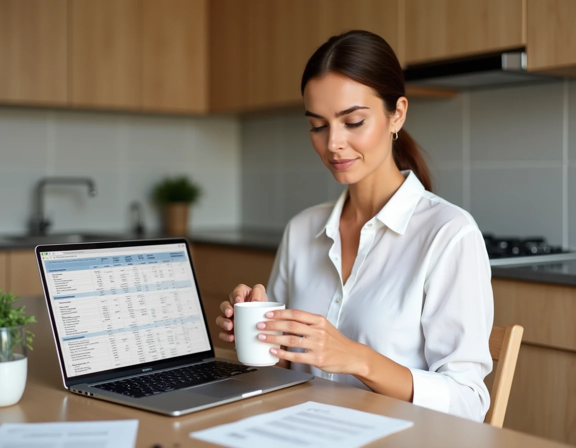 Femme comparant les taux immobiliers en ligne depuis sa cuisine pour préparer son dossier de prêt