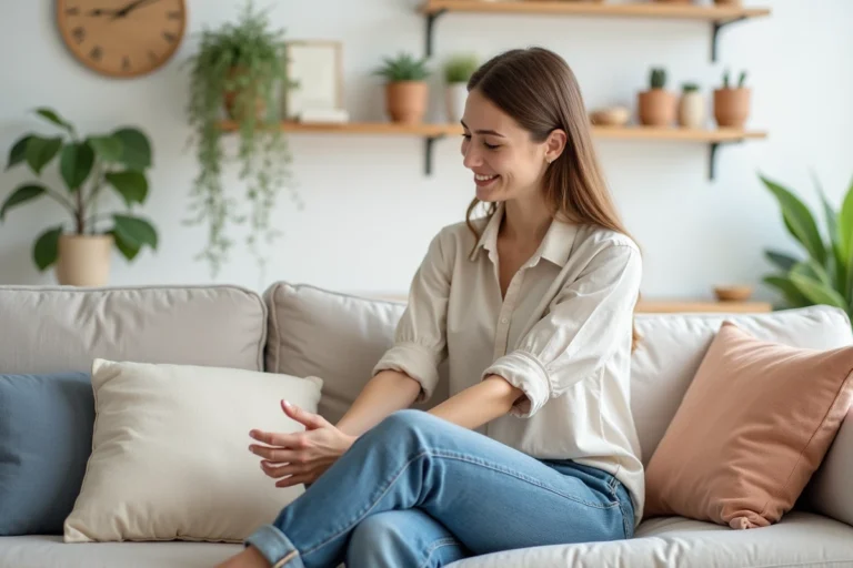 Jeune femme arrangeant des coussins sur un canapé moderne