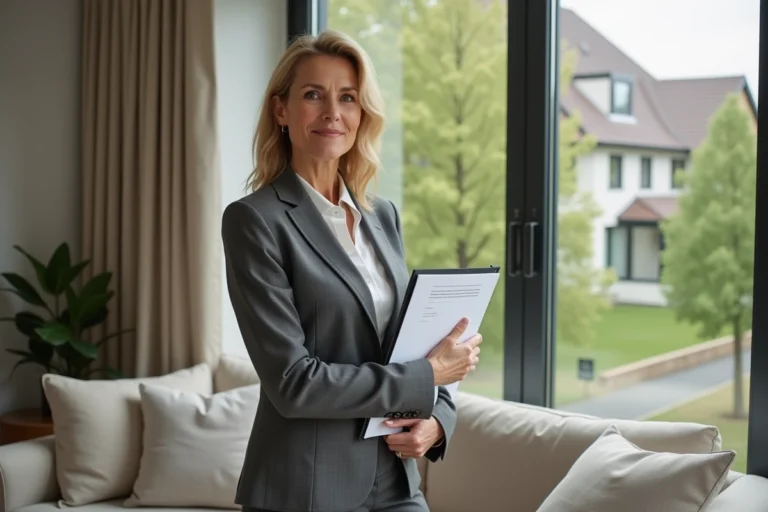 Femme professionnelle en immobilier dans un salon moderne