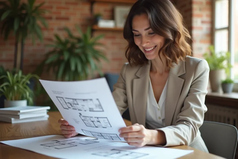 Jeune femme confiante examinant plans immobiliers dans un appartement lumineux