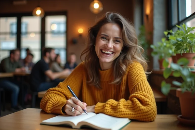 Femme souriante écrivant dans un journal intime dans un café chaleureux, découvrant des faits amusants sur elle-même