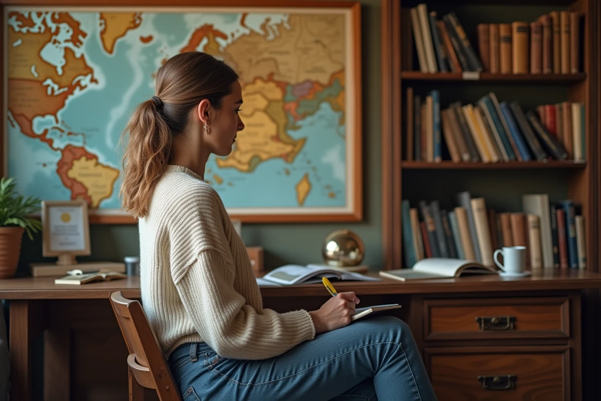 Jeune femme étudiant une carte dans une étude chaleureuse