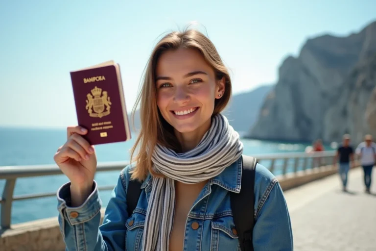 Jeune femme avec passeport devant Gibraltar