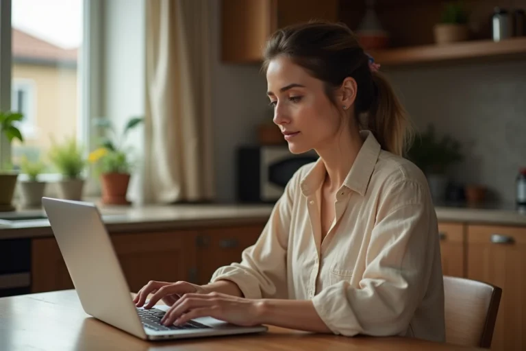 Femme consultant des petites annonces en ligne sur un ordinateur portable à la maison, alternative aux sites comme Wannonce et Vivastreet