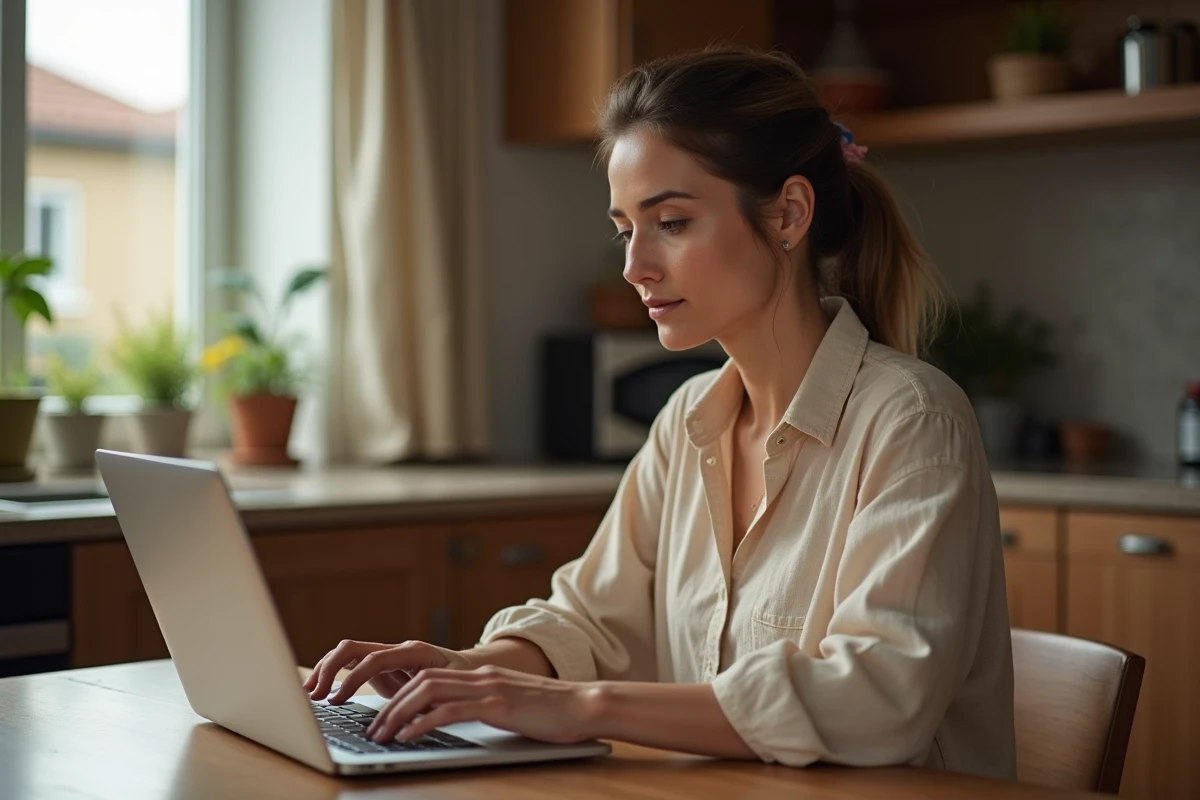 Femme consultant des petites annonces en ligne sur un ordinateur portable à la maison, alternative aux sites comme Wannonce et Vivastreet