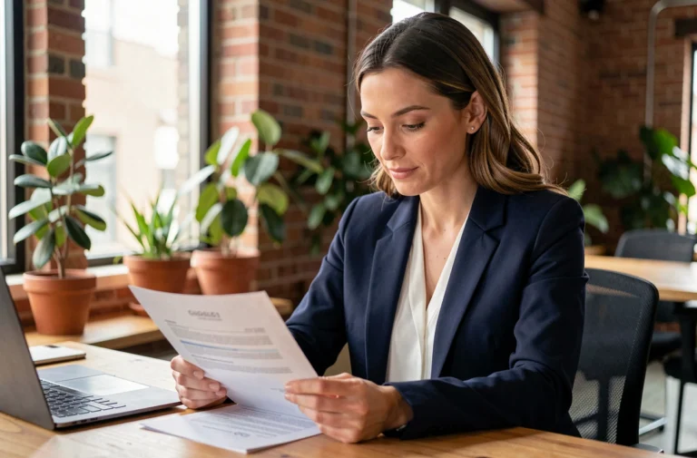 Femme professionnelle en blazer marine révisant son CV dans un espace de coworking moderne pour sa recherche d'emploi