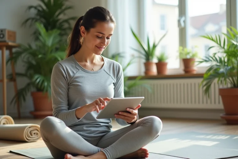 Femme consultant des données de santé sur une tablette dans un appartement moderne et lumineux, ambiance bien-être au quotidien