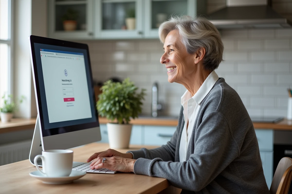 Femme senior cherchant à résoudre un problème de connexion à sa messagerie Wanadoo depuis sa cuisine